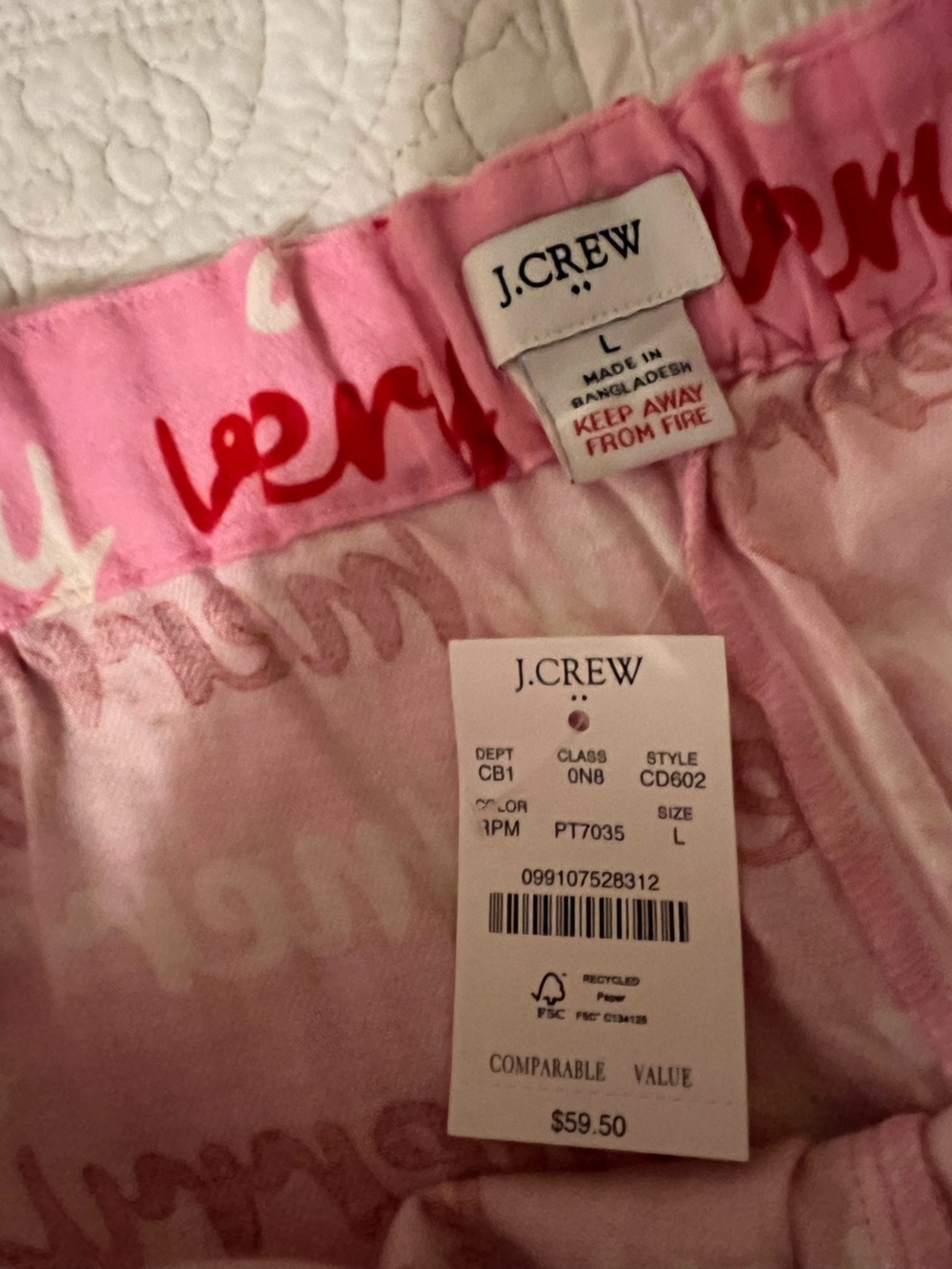 NWT J Crew Pink "Very Merry"  Pajama Pants - Cozy Holiday Sleepwear, size Large - Picture 3 of 6